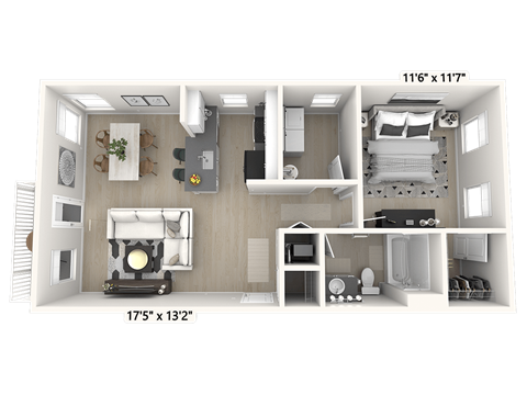 Floor plan for 1 bed, 1 bath, 756 sqft